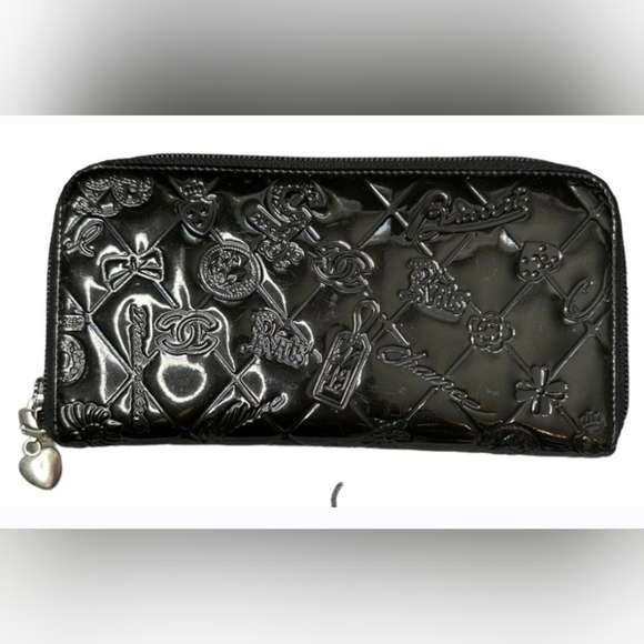 CHANEL Handbags - CHANEL Precious Symbols Black Patent Quilted Leather Zippy Wallet